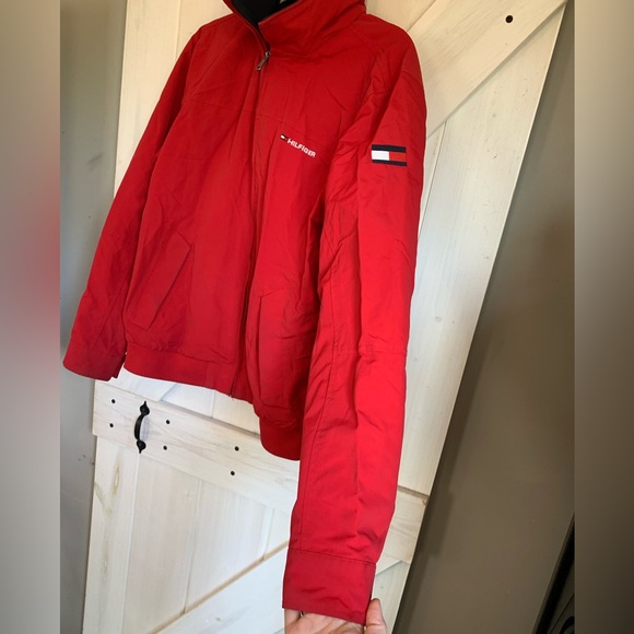 Women’s Red Tommy Hilfiger Zip up Nylon Jacket with Hood Medium - Picture 2 of 9